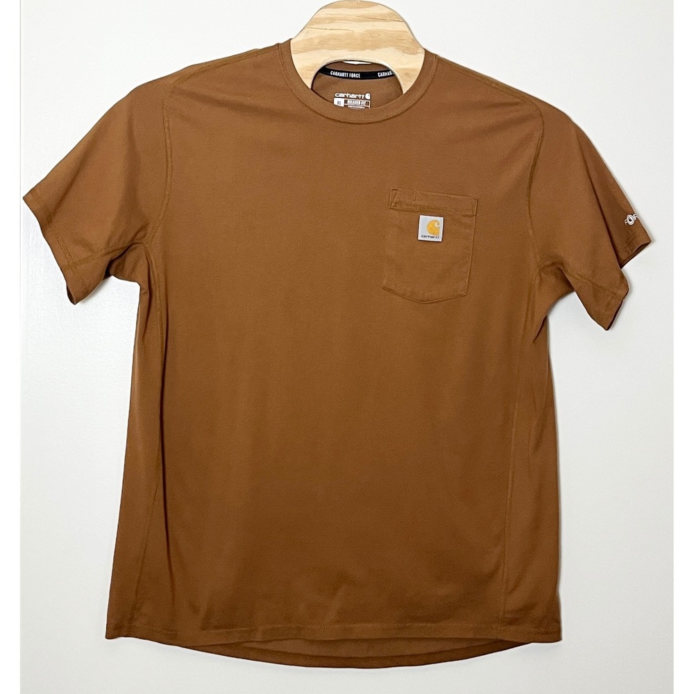 Carhartt Pocket T-Shirt Mens XL Brown Force Relaxed Fit Short Sleeve Tee Stretch